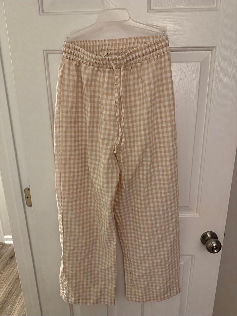 Eterna Beige & White Gingham Elastic Waist Pants
